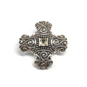 Chunky ! - Sterling Silver Cross Pendant Scrolling Design Citrine Pendant